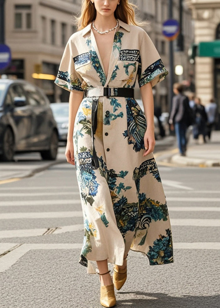 Khaki Cinched Print Cotton Robe Dresses Summer