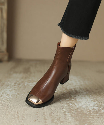 Brown Cowhide Leather Zippered Splicing Chunky Heel Boots