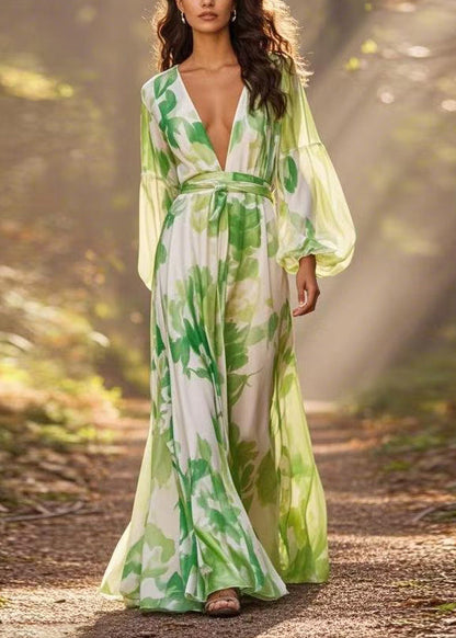 Italian Green V Neck Print Chiffon Long Dresses Lantern Sleeve Spring