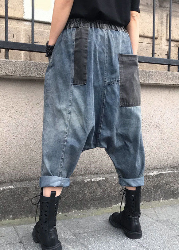 Blue Embroidered Elastic Waist Denim Pants Summer