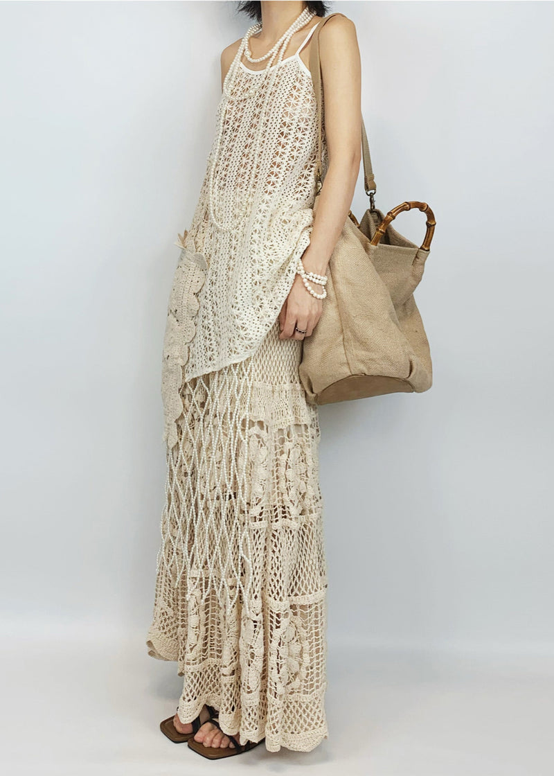 Beige Hollow Out Asymmetrical Design Knit Two-piece Set Summer