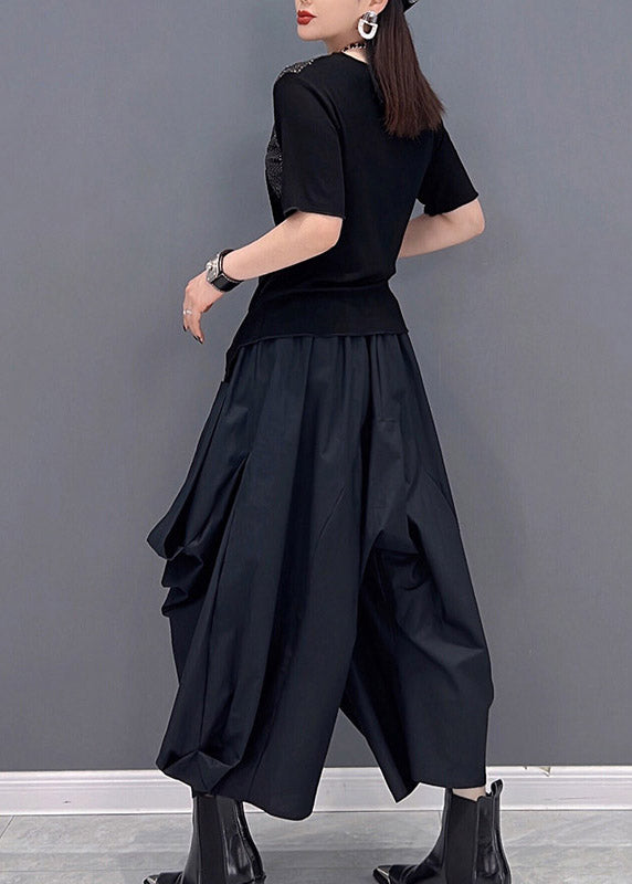 Art Black V Neck Sequins Patchwork Tanks and Wide Leg Pants Two Piece Set Summer