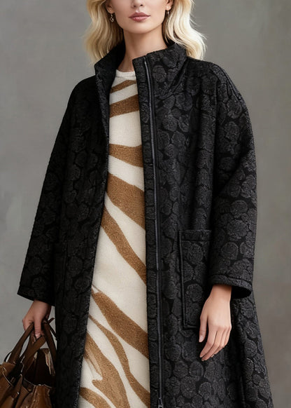 Black Jacquard Zippered Pockets Cotton Filled Long Coats