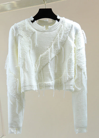 Purple O-neck Ripped Tassel Cotton Knit Sweater Winter