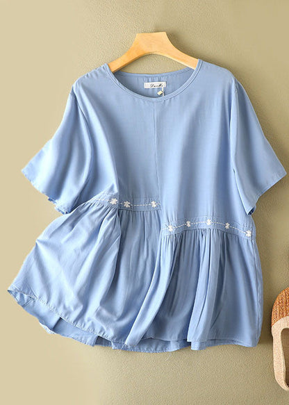 Diy Blue O-neck Asymmetrical Embroideried Wrinkled Cotton Shirts Short Sleeve