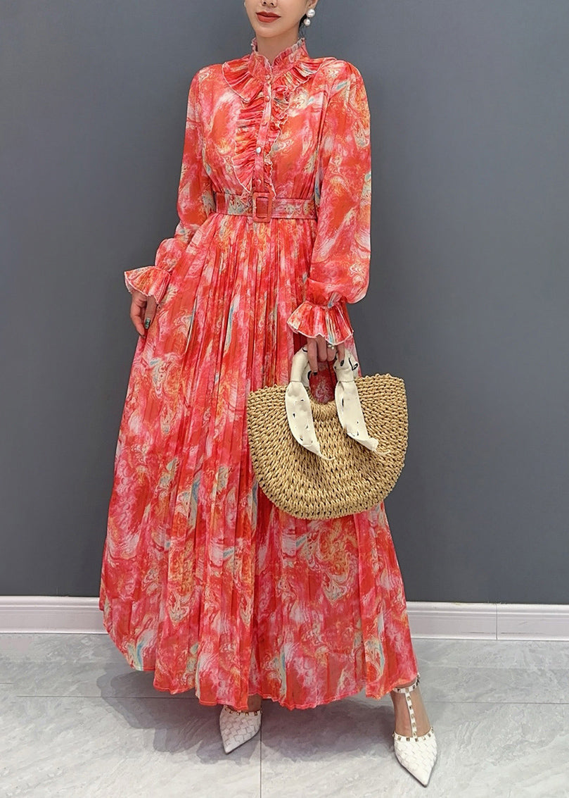 Red Stand Collar Print Sashes Chiffon Long Dress Long Sleeve Fall