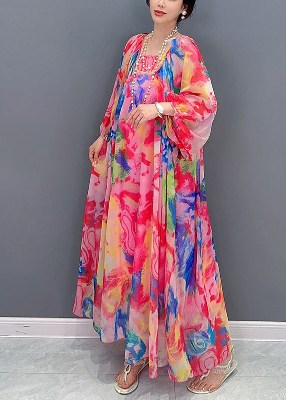 Multicolor Square Collar Print Chiffon Maxi Dress Long Sleeve