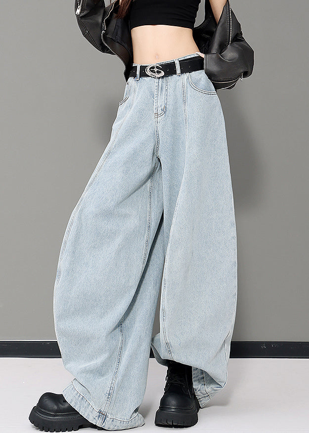 Blue Pockets Patchwork Denim Wide Leg Pants Fall