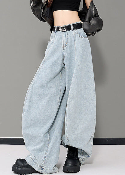 Blue Pockets Patchwork Denim Wide Leg Pants Fall