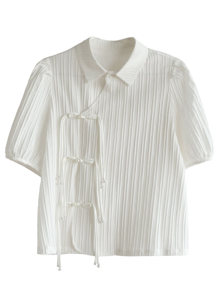 Original Design White Peter Pan Collar Wrinkled Oriental Button Chiffon Top Short Sleeve