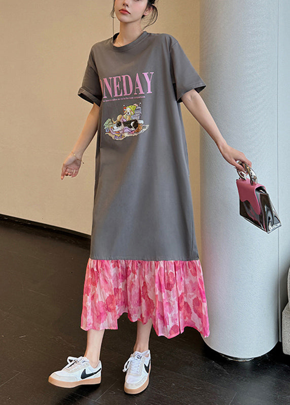 Loose Grey O-neck Print Chiffon Patchwork Long Dress Summer