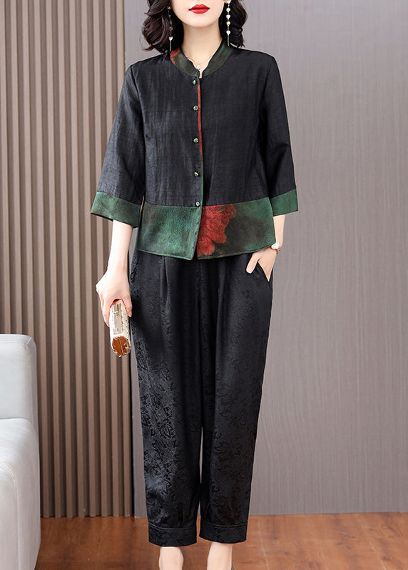 Fine Black Print Button Shirts and Crop Pants Silk Two Piece Set Fall