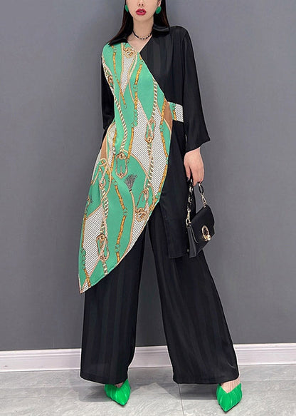 Stylish Black V Neck Asymmetrical Patchwork Chiffon Tops and Wide Leg Pants Two Pieces Set Spring