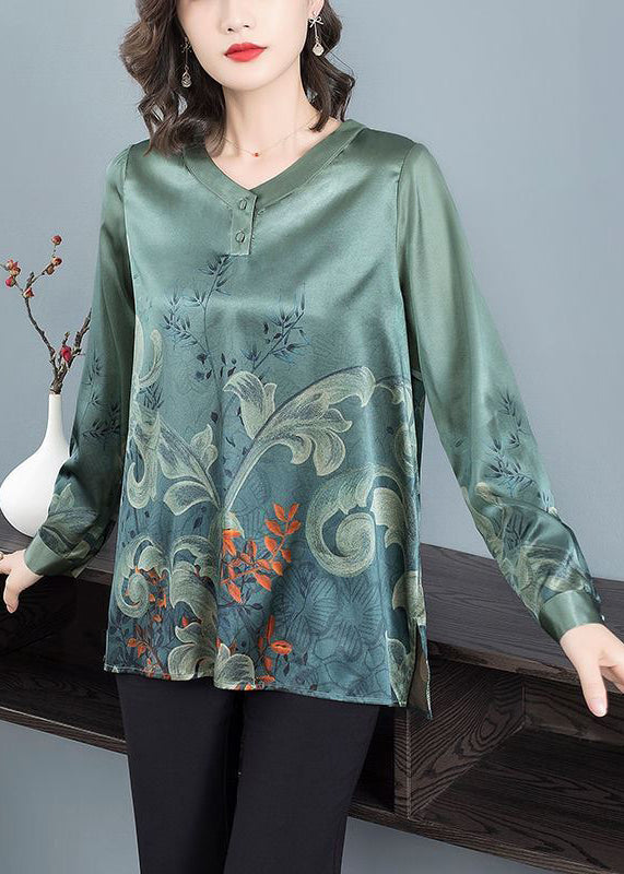 Blackish Green O Neck Print Patchwork Silk Top Fall