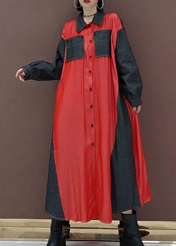 Handmade Lapel Patchwork Spring Long Dress Photography Red Kaftan Dress
