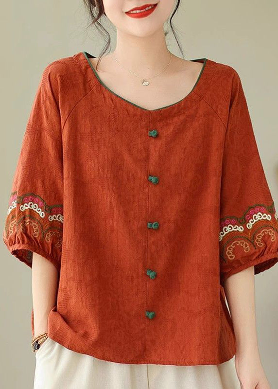 Orange O-neck Button Loose Top Summer