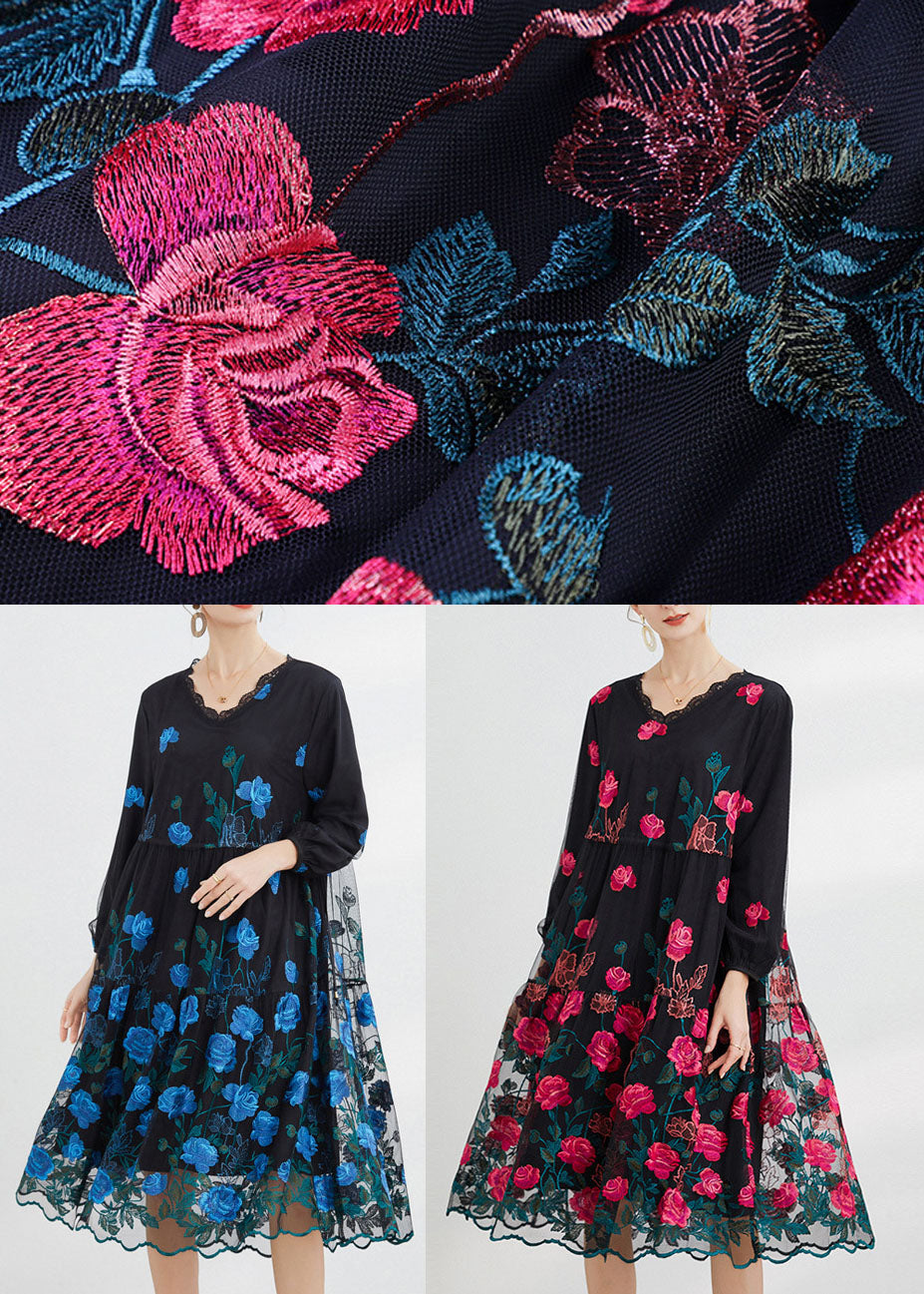 Rose Tulle Maxi Dress O-neck Embroideried Long Sleeve