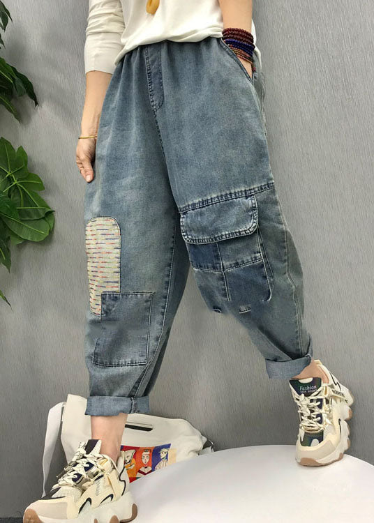 Blue Elastic Waist Patch Applique Denim Pants Spring