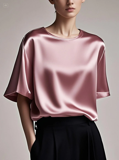 Fitted Pink Patchwork Silk Top Summer Short Sleeve