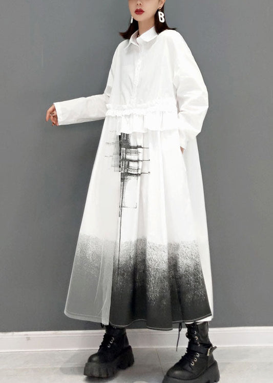 Loose White Peter Pan Collar Print Shirt Dresses Spring
