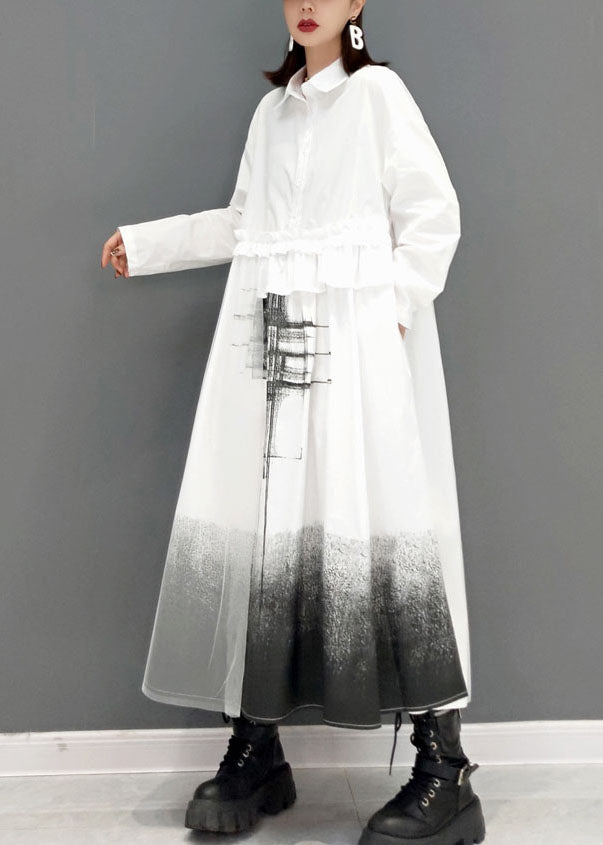 Loose White Peter Pan Collar Print Shirt Dresses Spring