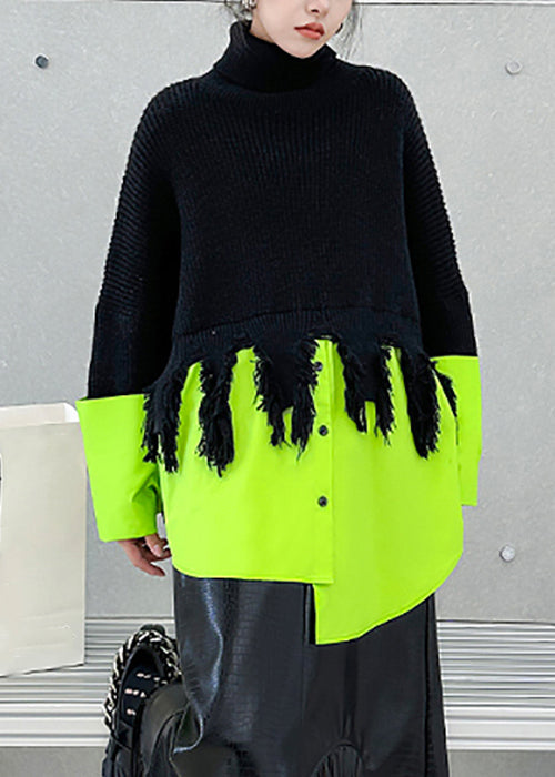 Black Turtleneck Asymmetrical Patchwork Knit Sweater Winter