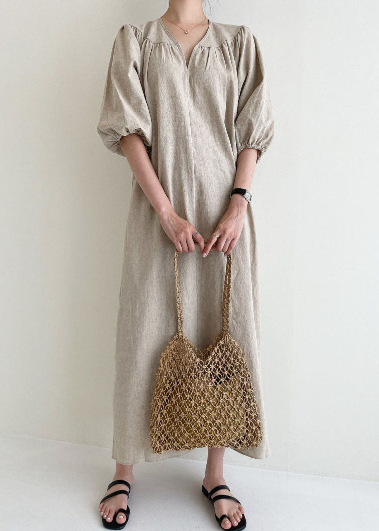 Khaki V Neck Retro Cotton Dress Half Sleeve