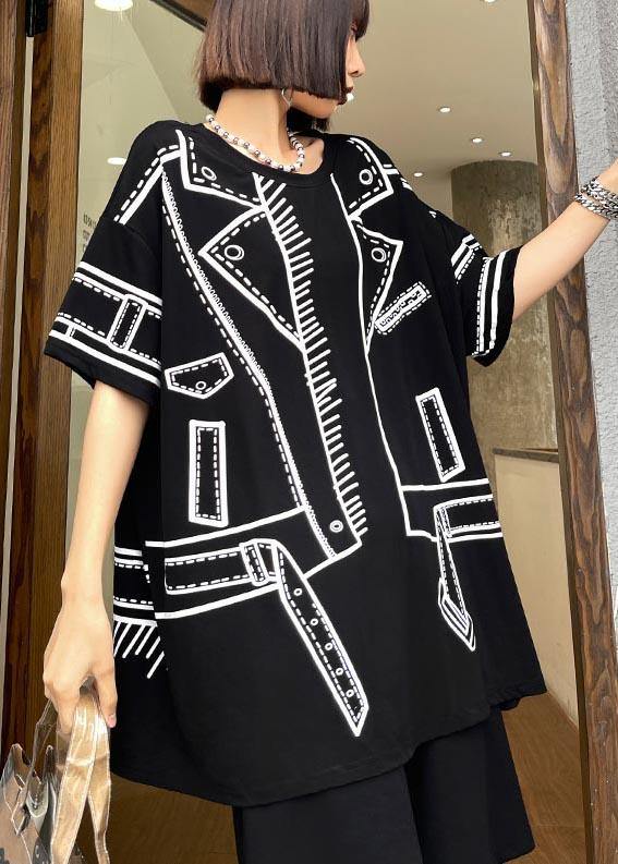 Black Graphic O-neck Cotton Shirt Top