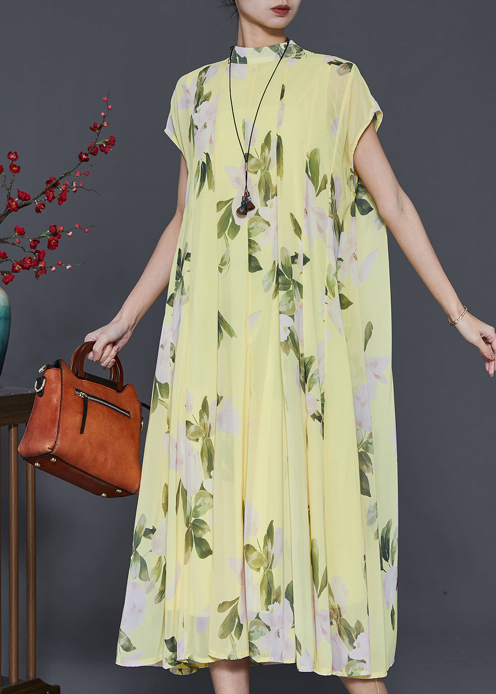 Grass Green Print Chiffon Long Dress Summer