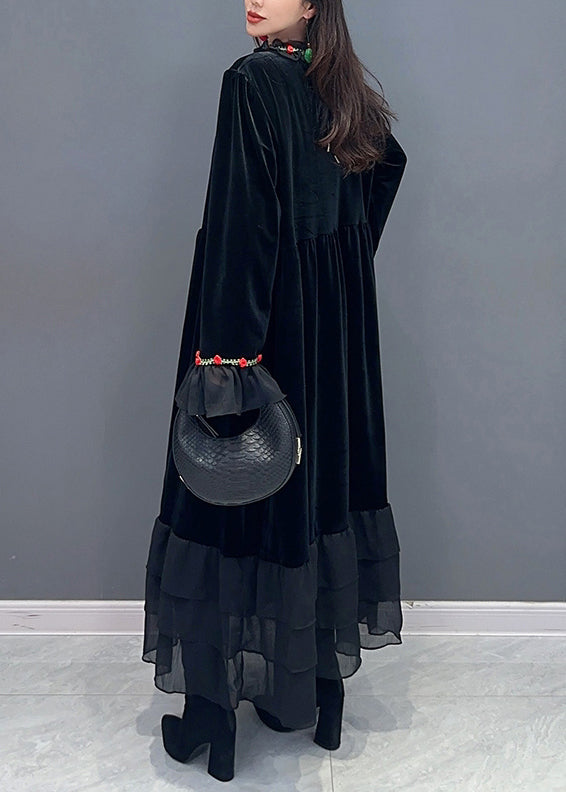 Black Tulle Patchwork Silk Velour Long Dresses Spring