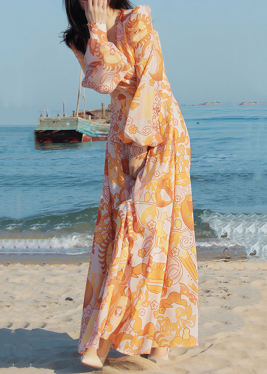Yellow V Neck Print Nail Bead Vacation Dresses Fall