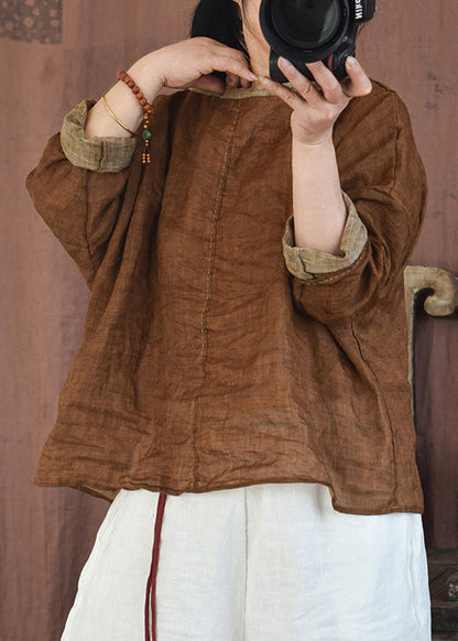 Coffee Cozy Patchwork Linen Shirts O-neck Long Sleeve