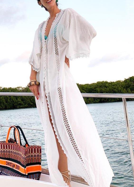 French White Patchwork Tie Waist Kimono Robe Maxi Chiffon Dress