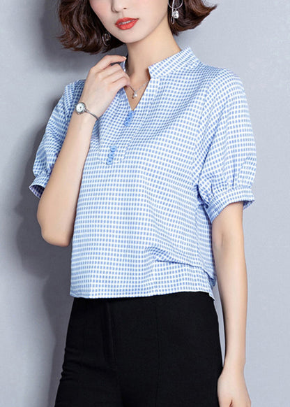 Light Blue Plaid Button Chiffon Shirt Top Summer