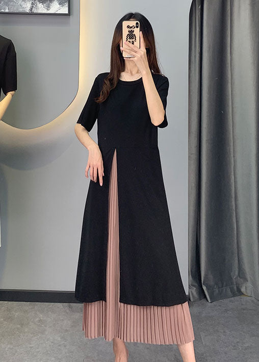 Black Chiffon Patchwork Side Open Dresses Short Sleeve