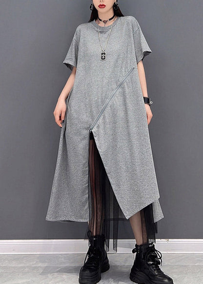 Grey O-neck Zippered Tulle Patchwork Dresses Short Sleeve
