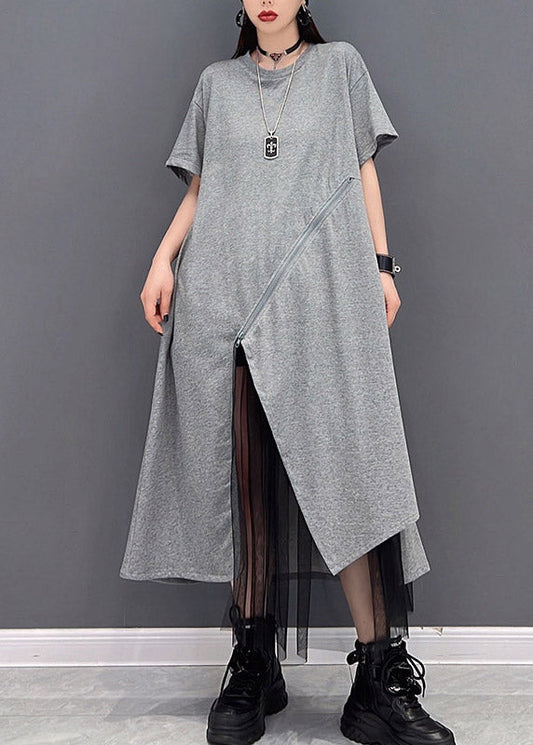 Grey O-neck Zippered Tulle Patchwork Dresses Short Sleeve