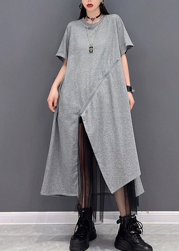 Grey O-neck Zippered Tulle Patchwork Dresses Short Sleeve