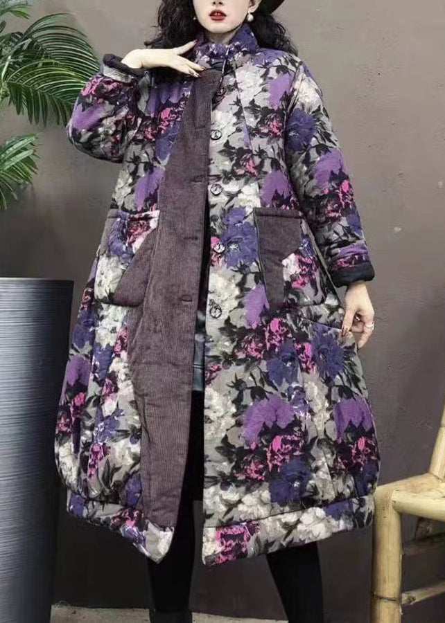 Purple Stand Collar Pockets Print Patchwork Warm Fleece Coat Winter