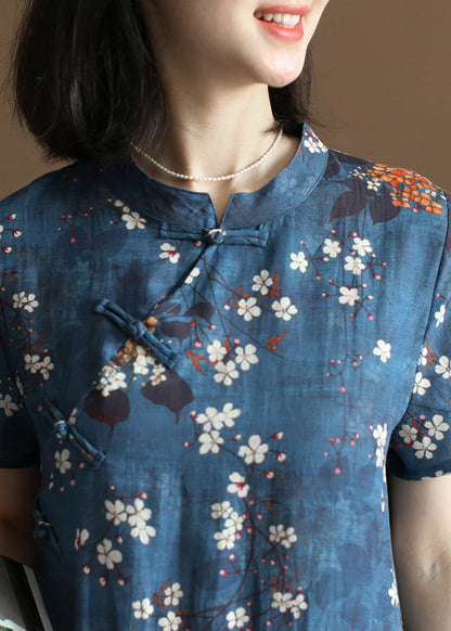 Navy Stand Collar Print Oriental Button Linen Chinese Style Dress Short Sleeve