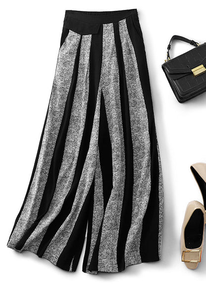 Black Striped Patchwork Cotton Wide Leg Pants Fall
