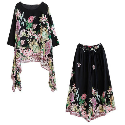 Black Print Suit Spring Large Top Wide Legged Pants Two Pieces