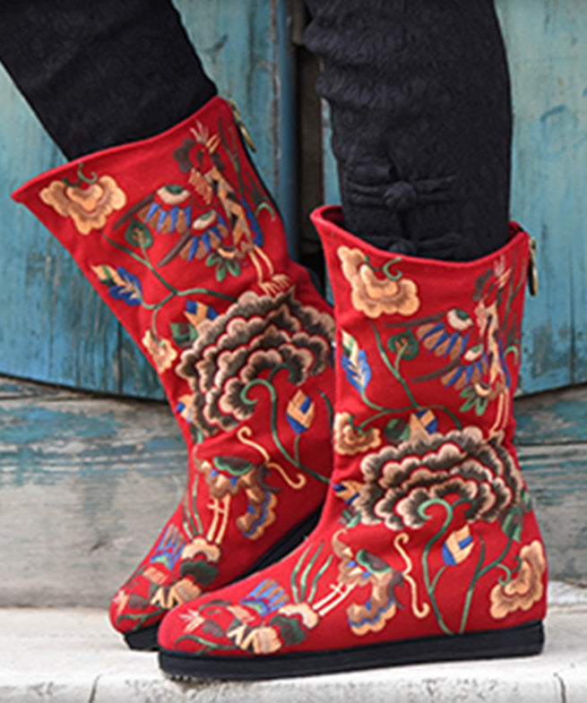 Red Cowgirl Boots Embroideried Zippered Comfy Cotton Fabric Knee Boots
