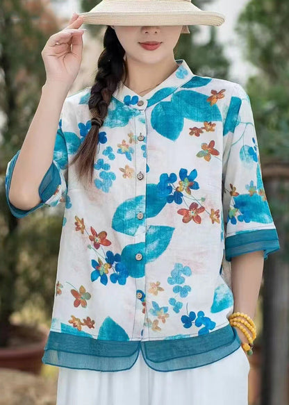 Green Stand Collar Print Linen Shirt Top Half Sleeve