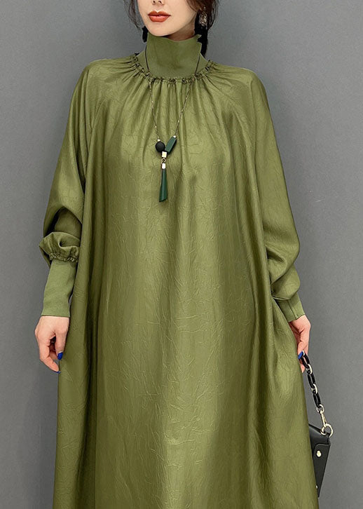 Modern Army Green High Neck Oversized Color Silk Dress Fall