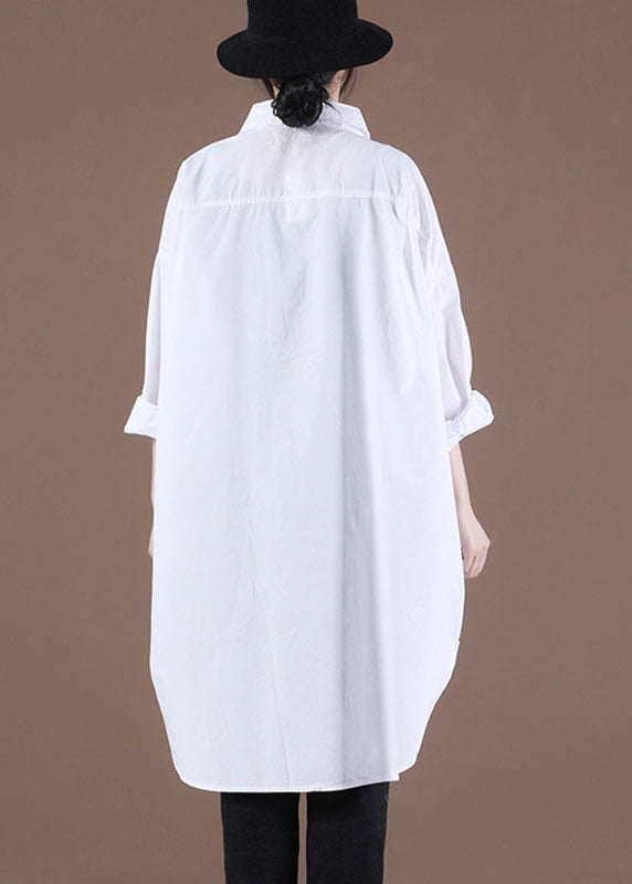 French White Peterpan Collar Pockets Fall Long Sleeve Blouses