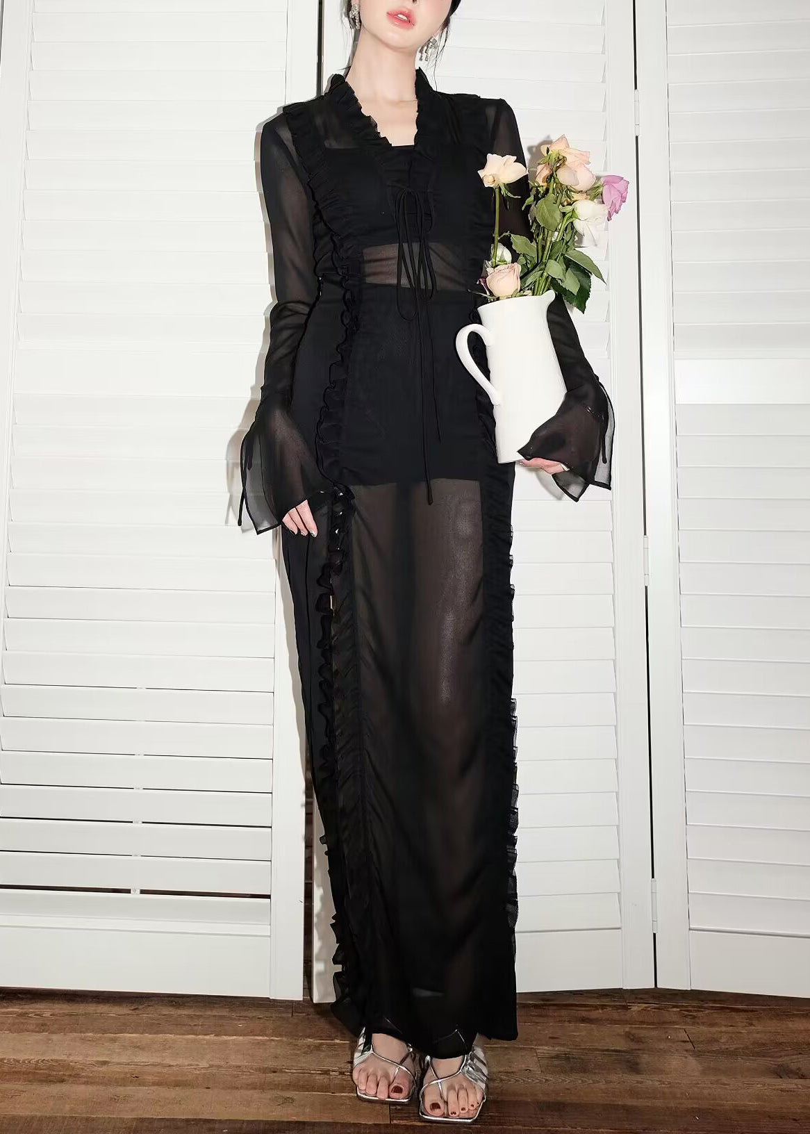 Black Lace Up Side Open Chiffon Long Dress Flare Sleeve