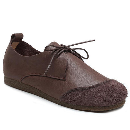 Khaki Genuine Leather Flat Shoes for Lace Up Splicing Flat Shoes