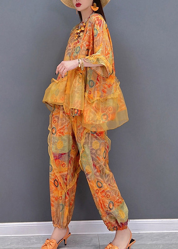 Orange Ruffled Asymmetrical Design Patchwork Tulle Tops and Pants Two Pieces Set Summer