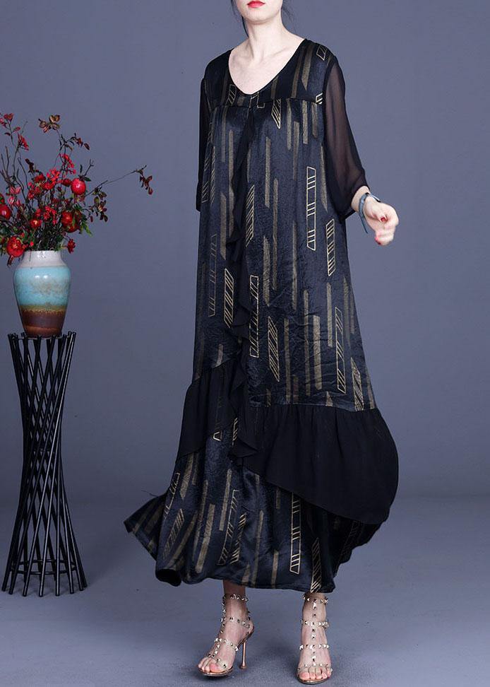 Green Print Retro Ruffles Summer Silk Holiday Dress